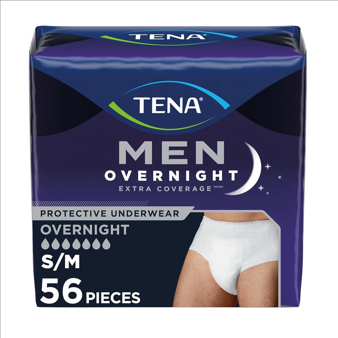 TENA Overnight Extra Coverage Incontinence Underwear for Men, Masculine Style and Discreet Cut Men's Underwear, Small/Medium, 56 ct