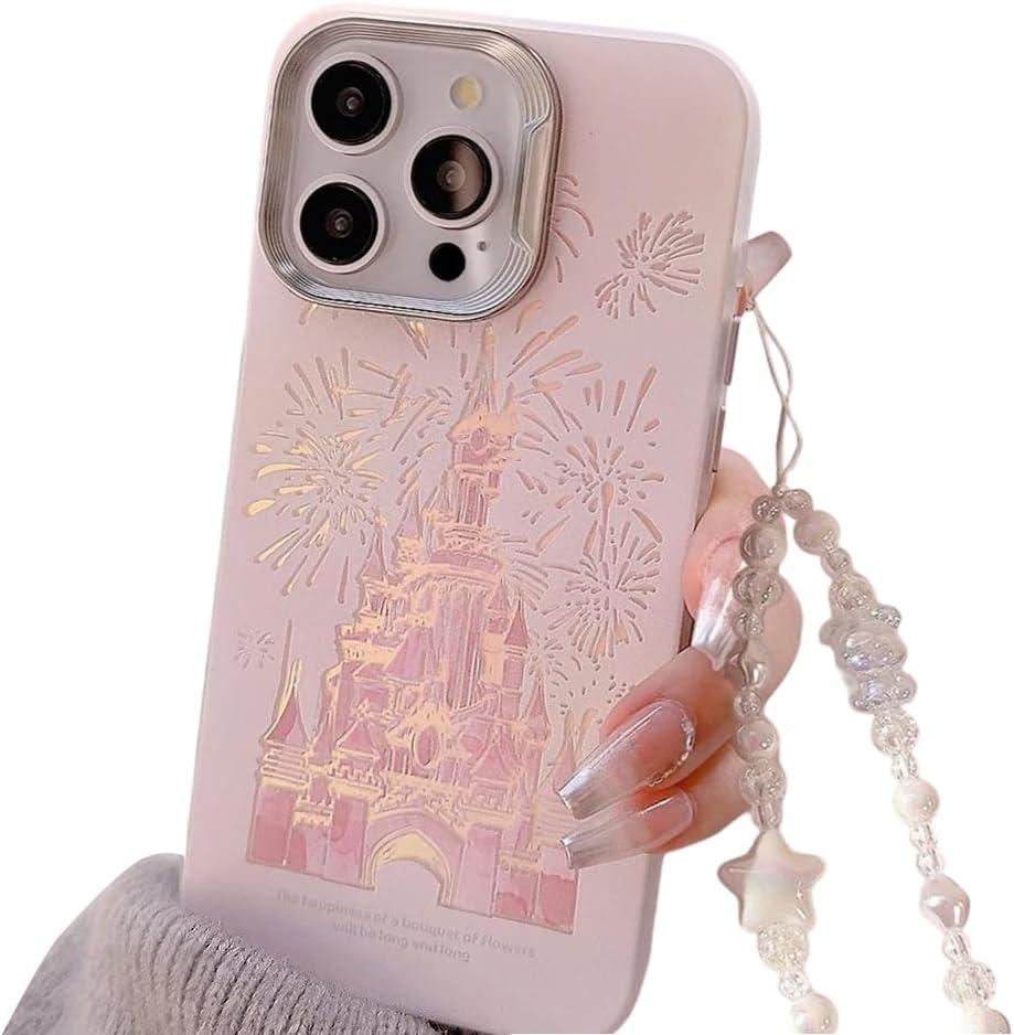 Casechics Compatible with iPhone Case,Cute Laser Glitter Bling Sparkly Castle Wristband Strap Bracelet Chain[Military Drop & Full Body Protection] Shockproof Cover Phone Case (Pink,iPhone 15)