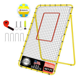Adjustable Volleyball Rebounder Net 7x4 ft with PU Volleyball and Stakes - Bounce Back Training Equipment for Practicing Volleying, Bumping, Spiking, Easy Set Up & Steady for Multi Sports (Yellow)