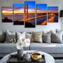 5 Piece San Francisco Blue Sky Golden Gate Bridge at Dusk Canvas Wall Art for Bedroom,Califonia Foggy Cityscape Painting Decor,Bracket Fixed Ready to Hang