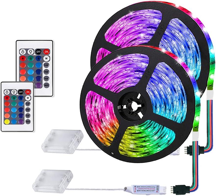 2m Battery Powered Led Strip Lights, LED Strip with 24 Keys Remote Control for Party and DIY Decoration, 2 Pack