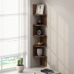 Furinno Rossi 5-Tier Floating Corner Shelf for Wall, Corner Zigzag Shelf Wall Mounted, Radial Wall Mount Shelves, for Home Office, Living Room, Bedroom, Bathroom, Columbia Walnut