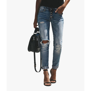 KUNMI Women's Ripped Mid Waisted Boyfriend Jeans Loose Fit Distressed Stretchy Denim Pants Medium