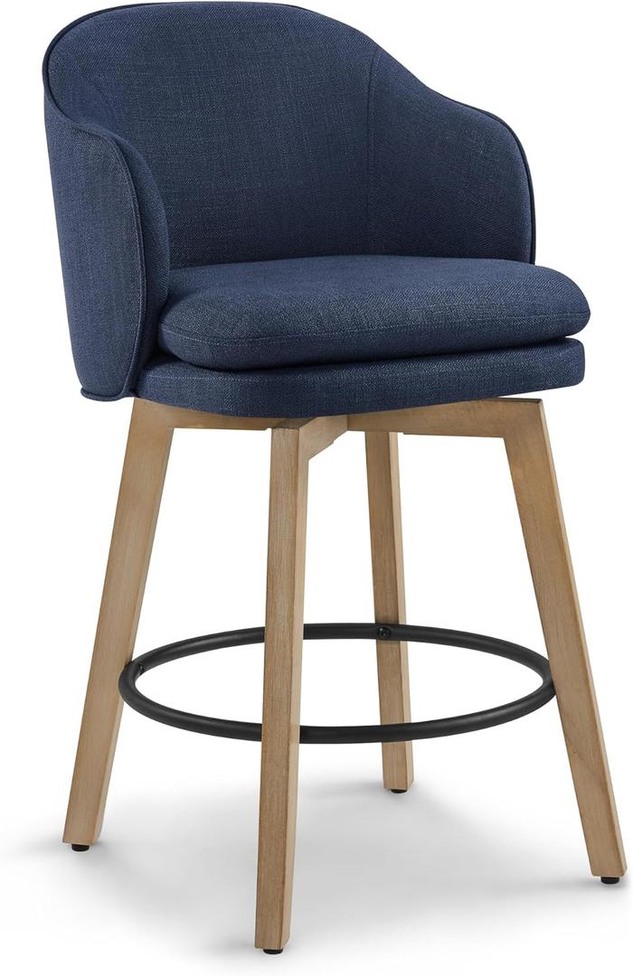 Counter Height Barstools 26 inch Upholstered Swivel Bar Stools with Back and Wood Legs for Kitchen Island, Set of 1, Blue Fabric
