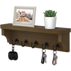 Nekon Key Holder for Wall, 11.8" W x 3.5" H x 2.8" D Decorative Key Organizer with Floating Shelf, Wall Mount Key Rack with 5 Hooks (Rustic Brown)