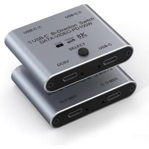 8K USB C Splitter USB C Switcher for 2 Computers - Bi Directional 2 in 1 Out USBC Switch 8K@60Hz 4K@144Hz for Video Transfer + 100W Charging + 10Gbps Data, with Power Cable