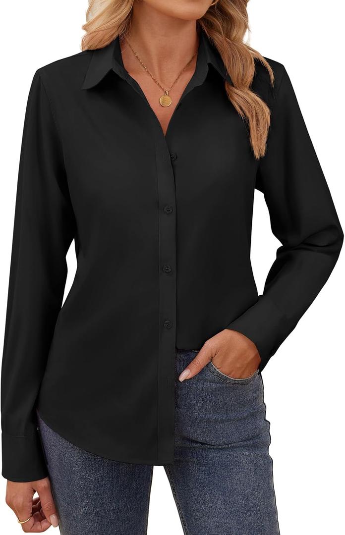 Button Down Shirts for Women Long Sleeve Cotton Button Up Shirt Women Business Casual Blouses Fit Work Tops (Small, Black)