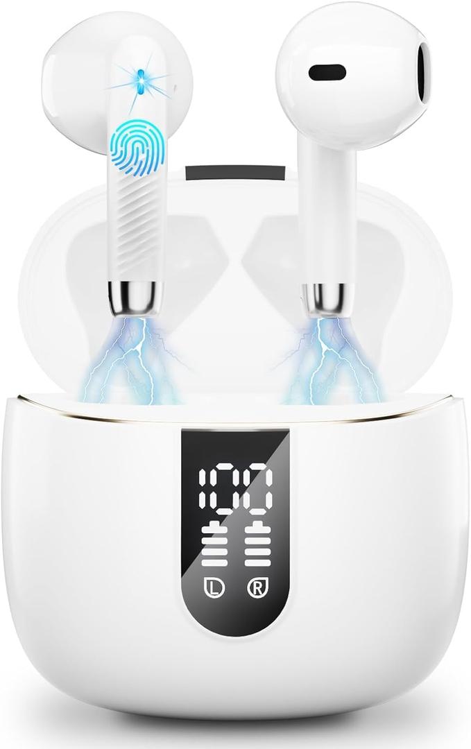Wireless Earbuds, 2024 Bluetooth Headphones V5.3 Ear Buds Built-in ENC Noise Cancelling Mics, 40H Stereo Bass Bluetooth Earbuds with Dual LED Display, IP7 Waterproof Earphones for Android iOS, White (C-White)
