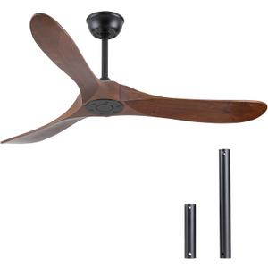 Walnut Wood 52" Ceiling Fan, No Light, 6-Speed, Reversible 3 Blades, Timed Shutdown, Silent DC Motor, for Bedroom, Porch and Living Room