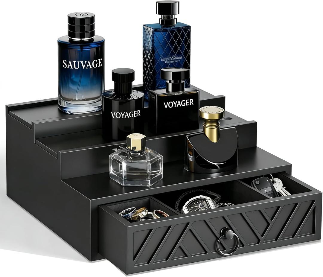 Cologne Organizer for Men, 3 Tier Wood Perfume Organizer with Velvet Lining Drawer and Hidden Compartment, Cologne Perfume Display Holder, Mens Husband Birthday Gifts Ideas,Christmas Gifts for Men