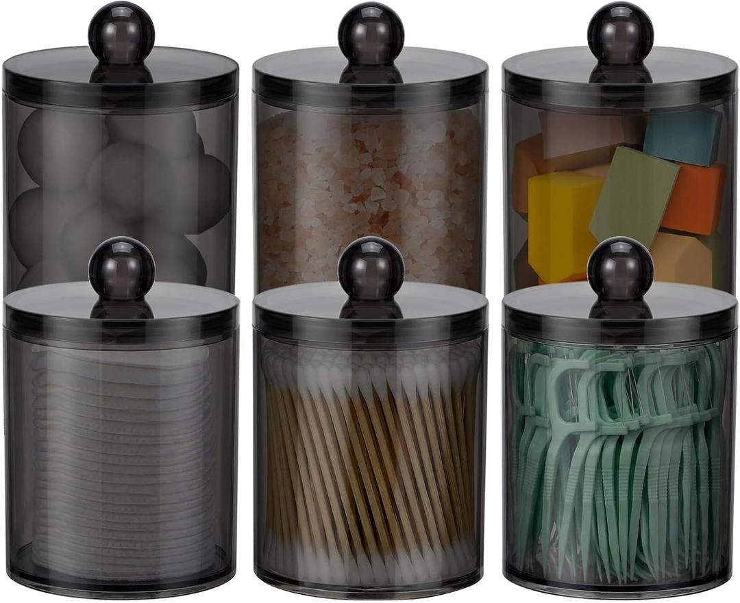 6 Pack Acrylic Qtip Holder Dispenser for Cotton Swabs, Balls, Pads, Floss Picks- Clear Plastic Canister Apothecary Jar Set, Bathroom Essentials Accessories Decor Vanity Makeup Storage Organizer -Black