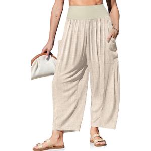 TARSE Womens Linen Wide Leg Pants Casual Loose Elastic Waist Beach Travel Vacation Palazzo Harem Pants with Pockets (Teal, L)