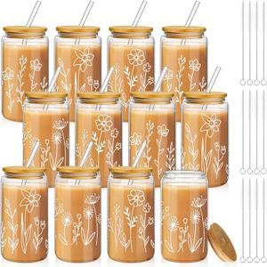 Mumufy 12 Pack Wedding Glass Tumblers Boho Floral 16oz Iced Coffee Cups with Bamboo Lids and Straws Elegant Bridal Shower and Bridesmaid Gifts
