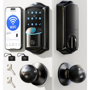 Veise VE027-K Built-in WiFi Smart Lock with 2 Knob, Fingerprint Keyless Entry Door Lock Handle Set for Front Door, App Remote Control, Electronic Digital Keypad Deadbolt, IP65 Waterproof, Matte Black