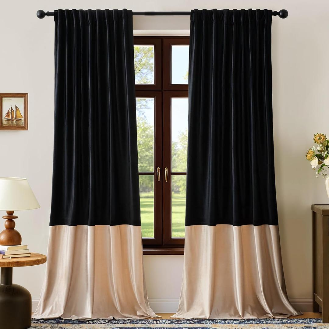 BULBUL Velvet Curtains 84 inches Long for Living Room Black Champagne Beige,2 Panels Blackout Curtains Modern Color Block Back Tab Rod Pocket Soundproof Drapes for Bedroom Window Decor