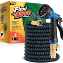 Flexi Hose Expandable Garden Hose with 8 Function Nozzle, 100FT - Lightweight Retractable Garden Hose, Water Hose - No-Kink Flexibility, 3/4 Inch Solid Brass Fittings and Double Latex Core
