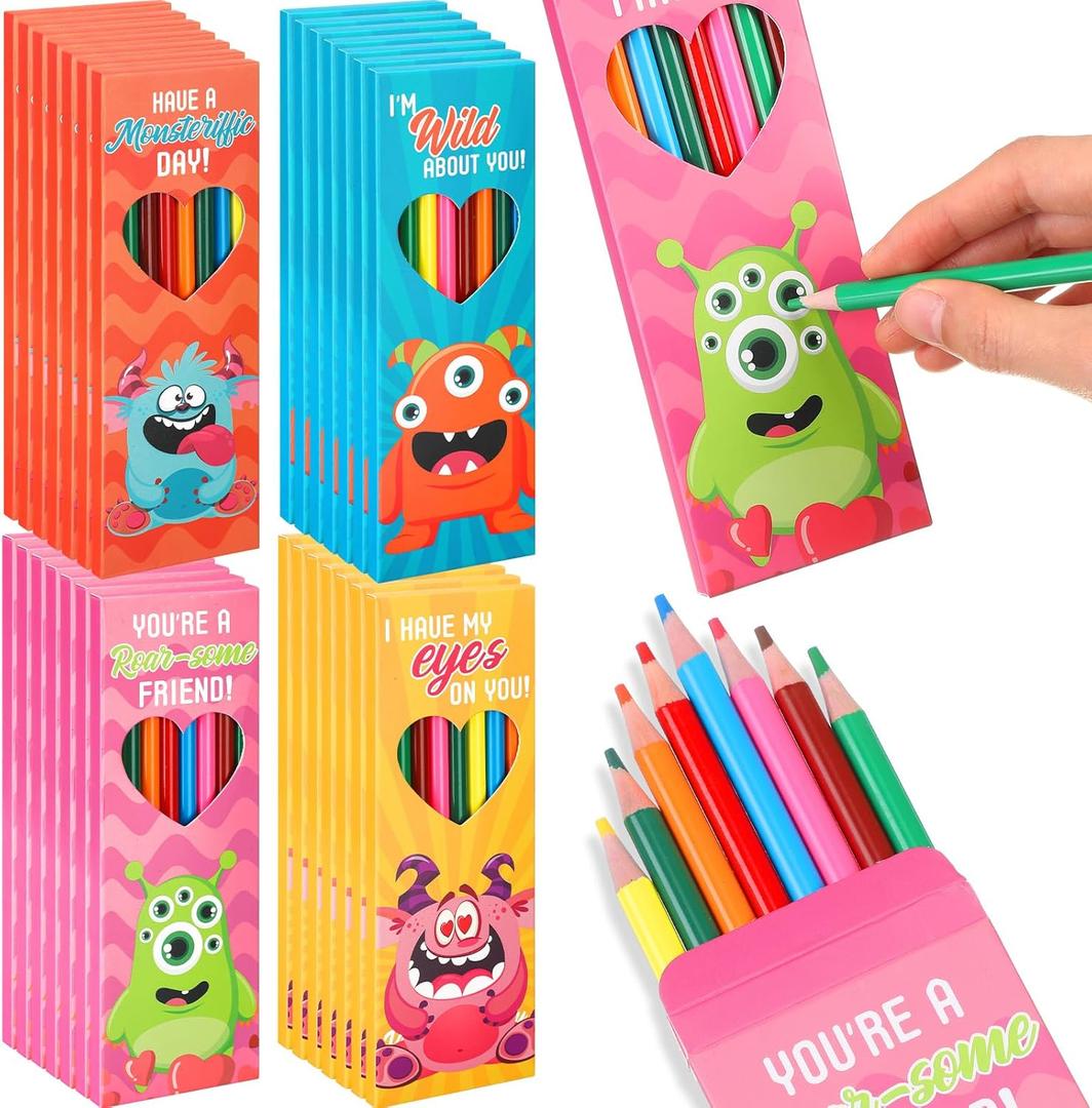 Sweetude 28 Set Valentines Day Gifts Pre-sharpened Colored Pencils Monster Themed Valentines Exchange Gifts Prizes 8 Assorted Colors 224 Count