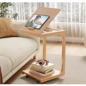 KASLANDI C Shaped Table for Couch, C Table with Wheels,Wooden Couch Table Adjustable Desktop for Living Room,Bedroom - Natural Color