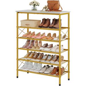 Tajsoon 6 Tier Shoe Rack Organizer for 20-24 Pairs of Shoes, Metal Mesh Shoe Shelf for Closet, Industrial Shoe Rack for Entryway Shoe Storage with X Shape Fixed Frame, White & Gold
