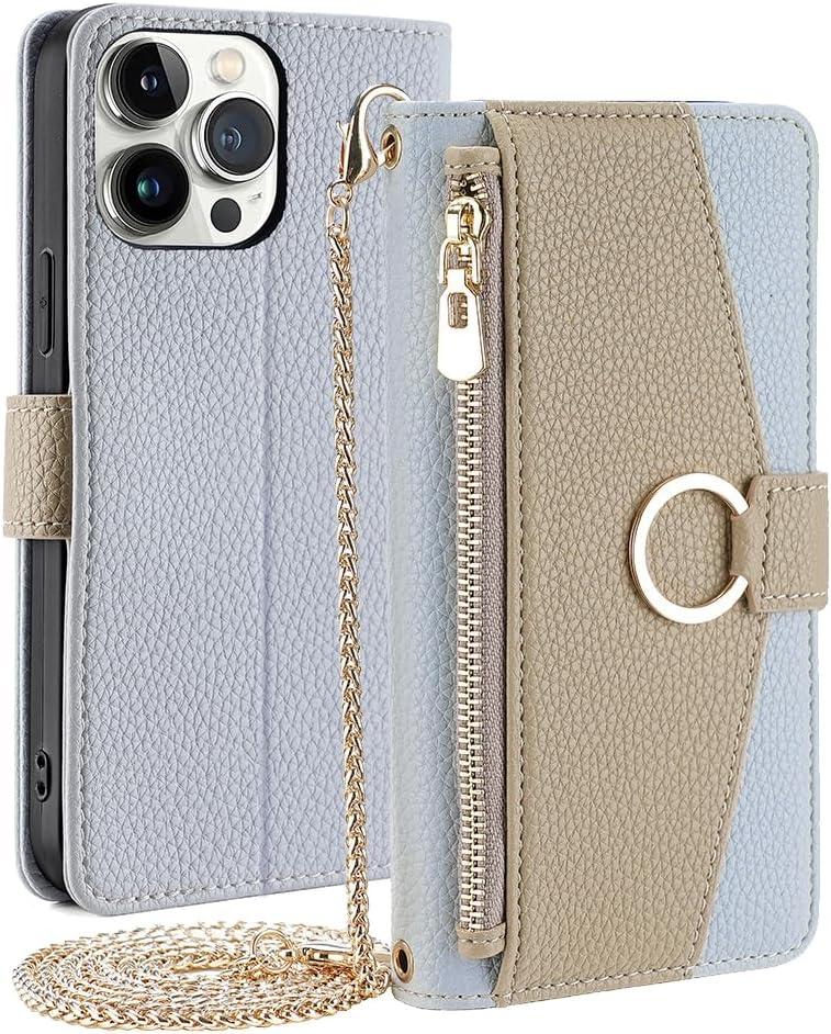 Wallet Case for iPhone SE4 Flip Phone Case Cover with Crossbody Strap Magnetic Zipper Pocket Makeup Mirror PU Leather Shockproof with Kickstand Shell Blue