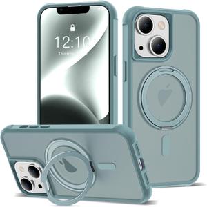 for iPhone 13/14 Case 6.1 Inches 360Rotatable Magnetic Ring Invisible Stand,[Compatible with Mag-Safe] Military Shockproof Frosted Translucent Case,Cyan
