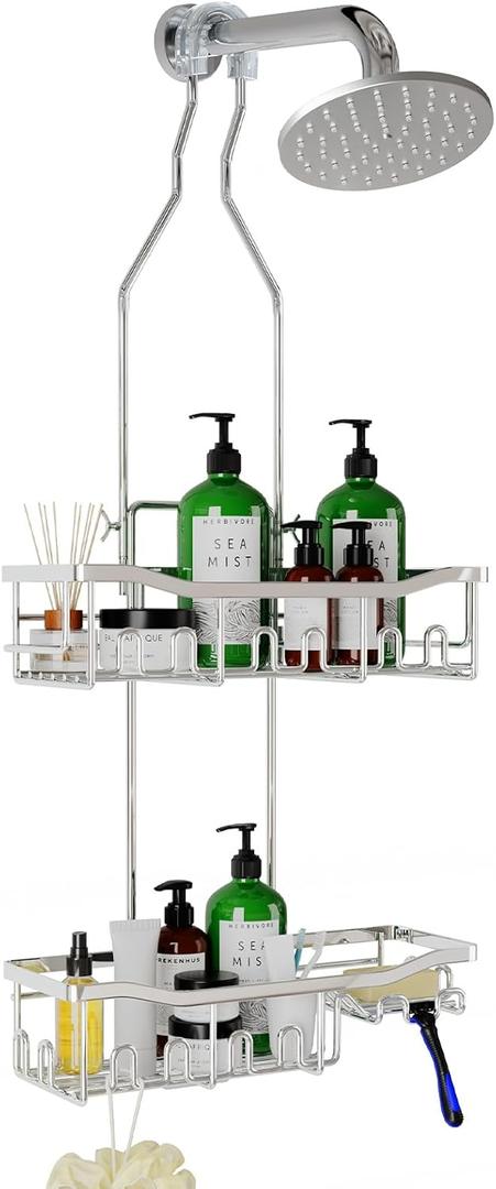 Joqixon Shower Caddy Hanging for Bathroom: Adjustable Height No Blocking to Shower Head - Rustproof Shower Caddy Over Showerhead - Black Shower Organizer with Hooks Soap Holder, Silver
