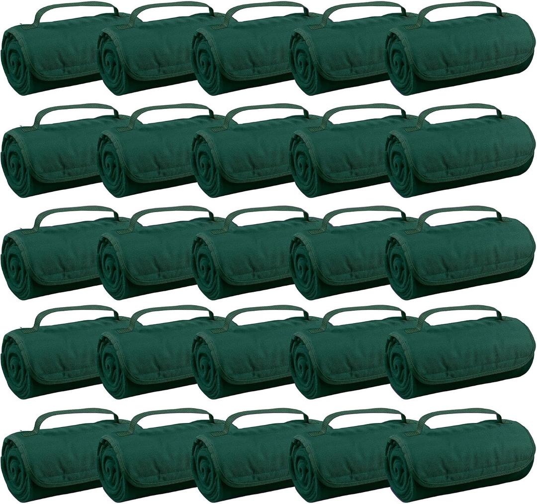 25 Ct of Roll-Up Blankets for Camping, Travel, Outdoors, Beach, Picnics Hunter Green Hook + Loop Closure for Easy Use in Cars & on Airplanes Customizable for Promotions & Events