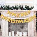 Merry Christmas Banner Golden Metal Christmas Garland Sign with Bows Xmas Retro Style Party Decorations Photo Prop Holiday Decor for Home Office Fireplace Mantle Farmhouse Hanging Wall