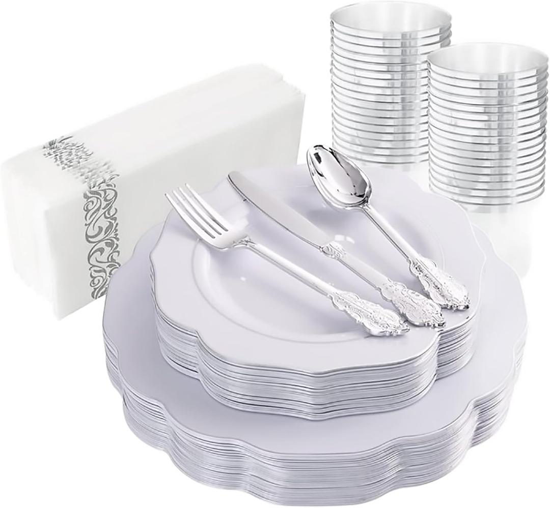 NOCCUR 175pcs Silver Plastic Plates - Silver Rim Plastic Tableware Includes 25 Dinner/Dessert Plates, 25 Forks, 25 Knives, 25 Spoons for Wedding/Party