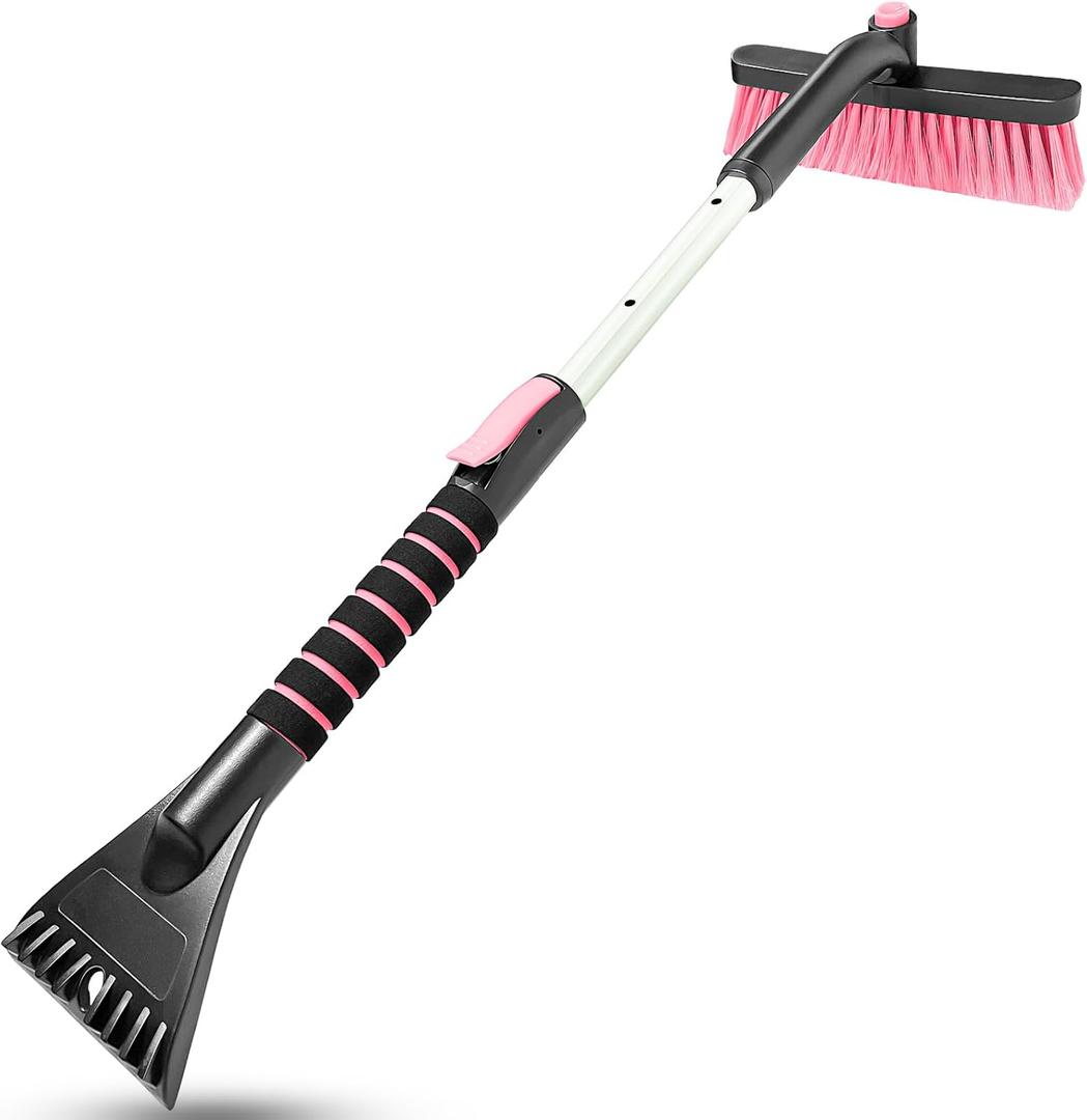 SEAAES Ice Scraper with Snow Brush for Car Windshield, Upgraded Extendable Snow Brush with Foam Grip for Truck SUV Vehicle Windows - Pink (31.8 Inch)