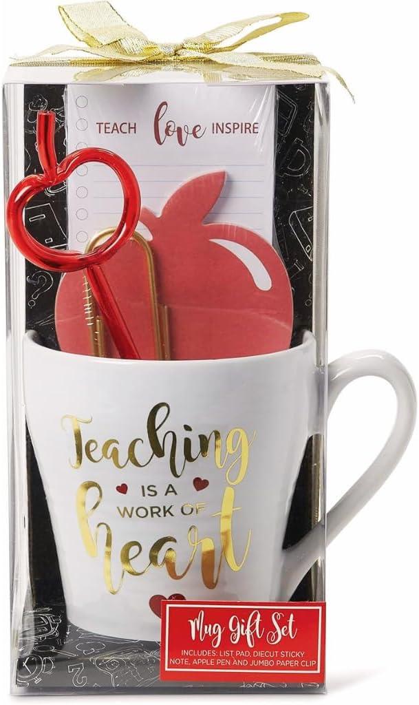 VOTUM Teacher Appreciation Gift for Women or Men - Bundle Includes Mug, Writing Pad, Apple-Shaped Pen and Sticky Notes, Jumbo Gold Paper Clip - Heart Coffee Cup - Teacher Appreciation Week Thank You