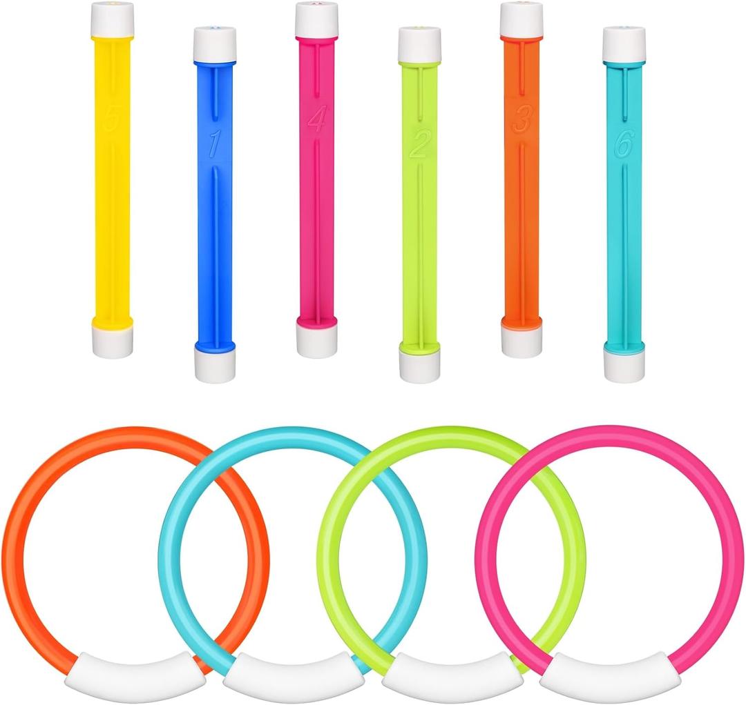 Korlon Tec 10 Pcs Pool Diving Toys for Kids Age 4-8, Underwater Training Diving Rings Sticks Colorful Sinking Water Pool Toys for Kids Age 8-12 Swimming Party Favors Games