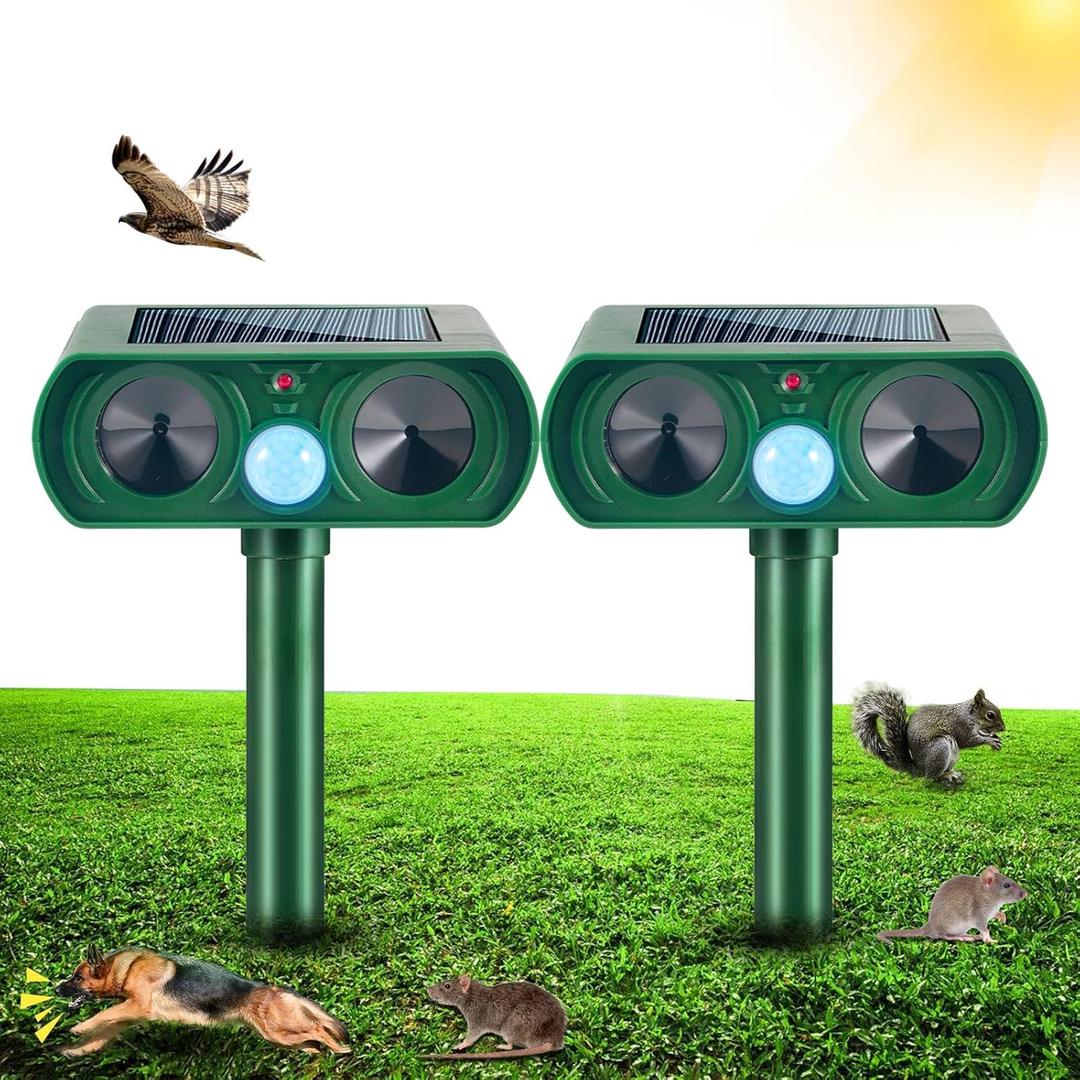 Solar Ultrasonic Animal Repeller Outdoor Squirrel Racoon Fortress Pro Deer Repellent Devices, Motion Activated Animal Deterrent Devices to Scare Cat Rabbit Fox Skunk for Yard Garden (ABS, 2)