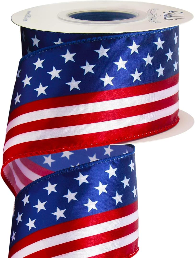 Ribbli Patriotic Stars and Stripes Wired Satin Ribbon, American Flag Ribbon 2-1/2 Inch x Continuous 10 Yard, Red/White/Blue, 4th of July Ribbon for Big Bow, Wreath, Tree Decoration