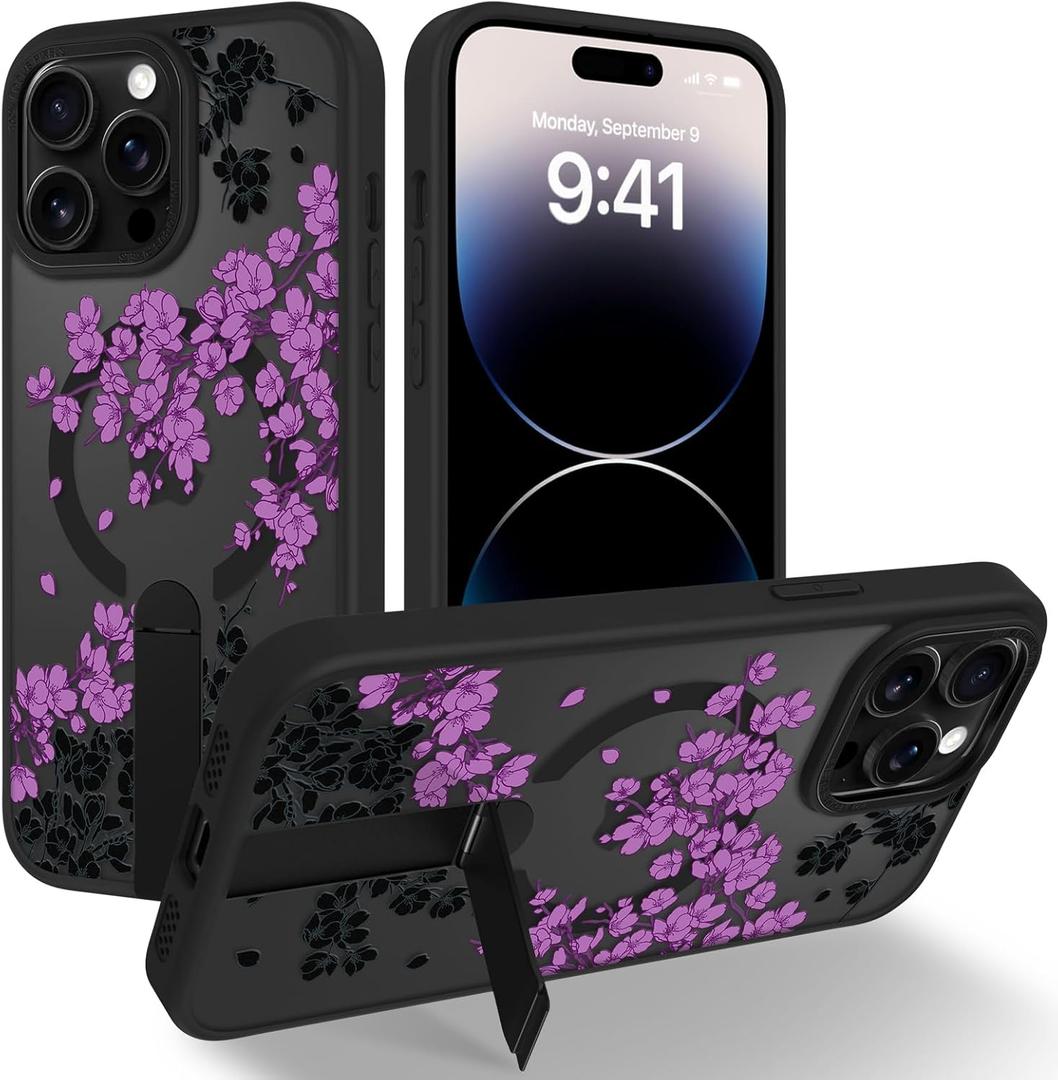 OOK Case Fit for iPhone 14 Pro Max 6.7 Inch (Compatible with MagSafe) Purple Floral Flowers Soft TPU and Hard PC Phone Cover with Kickstand Anti-Scratch Shockproof Protection Magnetic Case for Women