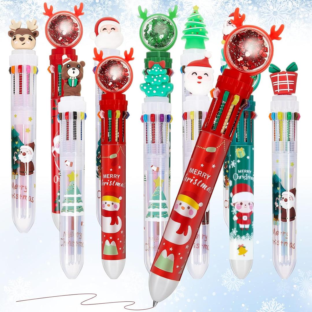 Kosiz 12 Pcs Christmas Multicolor Ballpoint Pens, 10 in 1 Santa Claus Reindeer Xmas Tree Retractable Pens 0.7 mm for Office Christmas Prize Gift Goodie Bag Stuffers Xmas Party Favor