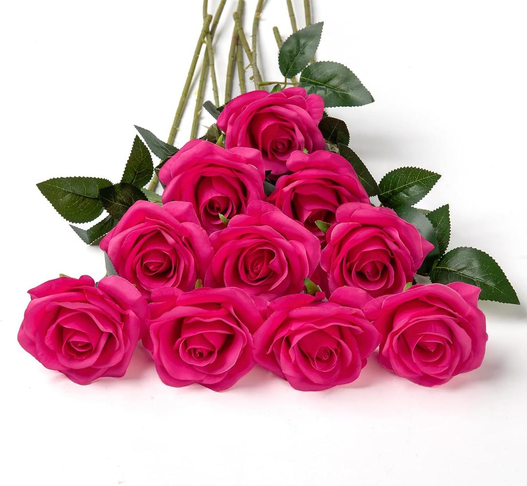 DuHouse 10pcs Silk Roses Artificial Flowers Fake Rose for Arrangement Wedding Party Home Decoration (Fuchsia)