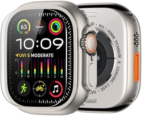amBand for Apple Watch Ultra 2/Ultra Screen Protector 49mm, W1 Metal Case Rugged Bumper Titanium Frame + 9H Tempered Glass Film + Ceramic-Like Back Cover, Keep Original, Waterproof, Natural Titanium