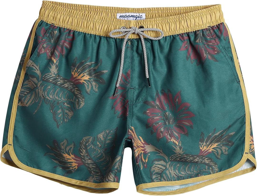 maamgic Mens Boys Short 80s 90s Vintage Swim Trunks with Mesh Lining Quick Dry Swim Suits Board Shorts (Medium, Dark Green)
