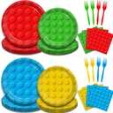 96 Pcs Building Block Party Supplies, Building Bricks Plates and Napkins Set Building Block Themed Dinnerware for Birthday Party Decorations, Serves 24