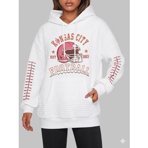 BANGELY Game Day Hoodie Women Football Graphic Sweatshirt Football Team Fan Pullover Football Season Waffle Knit Weekend Tops (Small, White)