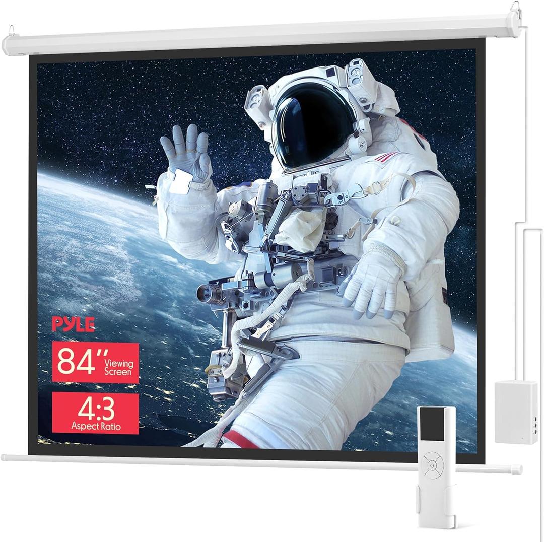 Pyle 84" Portable Motorized Matte White Projector Screen - Automatic Projection Display with Wall/Ceiling Mount, Remote and Case - for Home Movie Theater, Slide/Video Showing - PRJELMT86