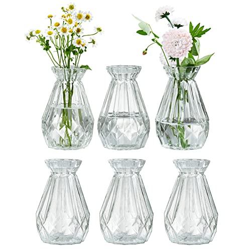 MyGift Mini Set of 6 Diamond-Faceted Clear Glass Bud Vases – Small Decorative Flower Vases for Table Centerpieces, Weddings, and Home Décor