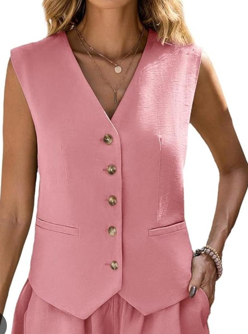 Fall Linen Vest Women Sleeveless Lihtweight Fully Linend V-Neck Button Top Fashion Work Casual Blazer Jacket Pocket