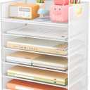 Subekyu 6 Tier Paper Organizer for Desk with Handle, Metal Mesh Desk Office File Folder Paper Letter Tray Accessories Organizer Sorter for Home, School, Office Desktop Document Organization - White