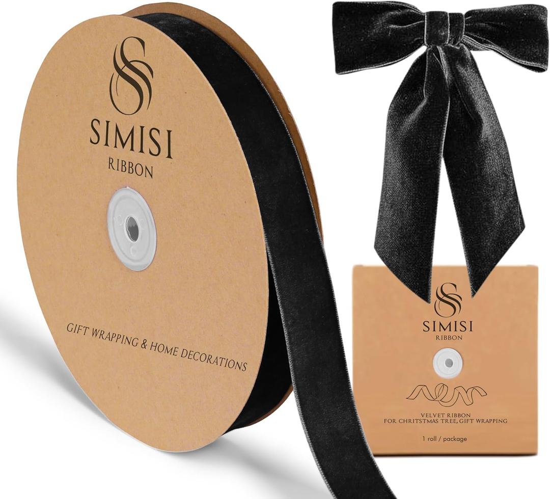 Black Velvet Ribbon 1'' 25 Yards for Christmas Tree, Gift Wrapping, Flower Bouquet, Wreath Decorations, Bow Making