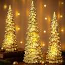 Flutesan 3 Pcs Gold Christmas Tree Figurines with Lights 11" /9" Tabletop Glittered Resin Village Pine Figurine Light Up Battery Operated Centerpieces Winter Holiday Decor for Table Mantel Home