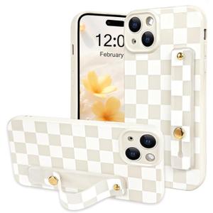 NITITOP Compatible with iPhone 15 Case with Wrist Strap Kickstand Cute Trendy Checkerboard Plaid for Women Girls Slim Fit TPU Silicone Shockproof Full Camera Protective Cover - White