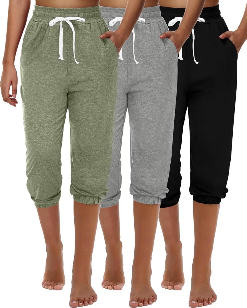 Ficerd 3 Pcs Women's Capri Sweatpants Joggers Summer Casual Sports Cropped Lounge Pants High Waisted Athletic with Pockets 
(Black, Bean Green, Light Grey, XLarge)