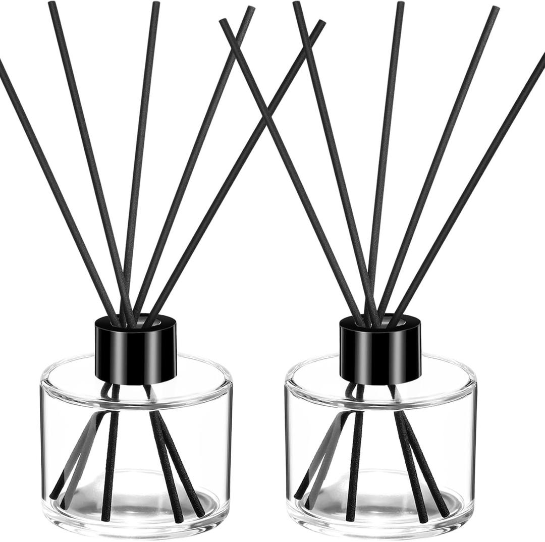 Chunful 2 Sets Reed Diffuser Bottle Empty Refillable Fragrance Glass Diffuser Bottles 100ml Round Glass Jars with Black Caps and Rattan Sticks for Living Room Home Replacement Fragrance DIY Decor (Clear)